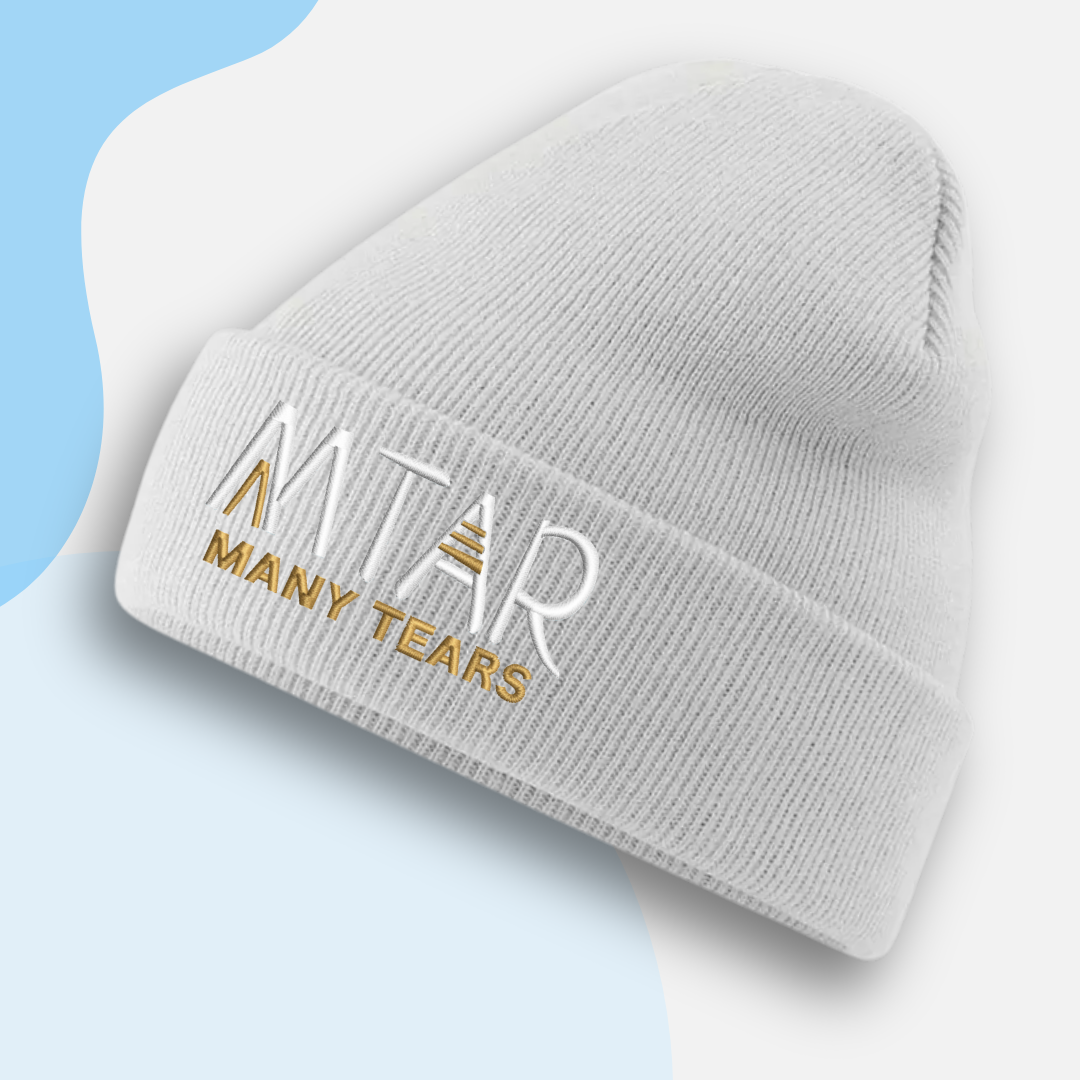 Gray beanie with 'Many Tears' logo on a light blue background
