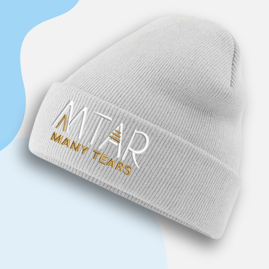 Gray beanie with 'Many Tears' logo on a light blue background