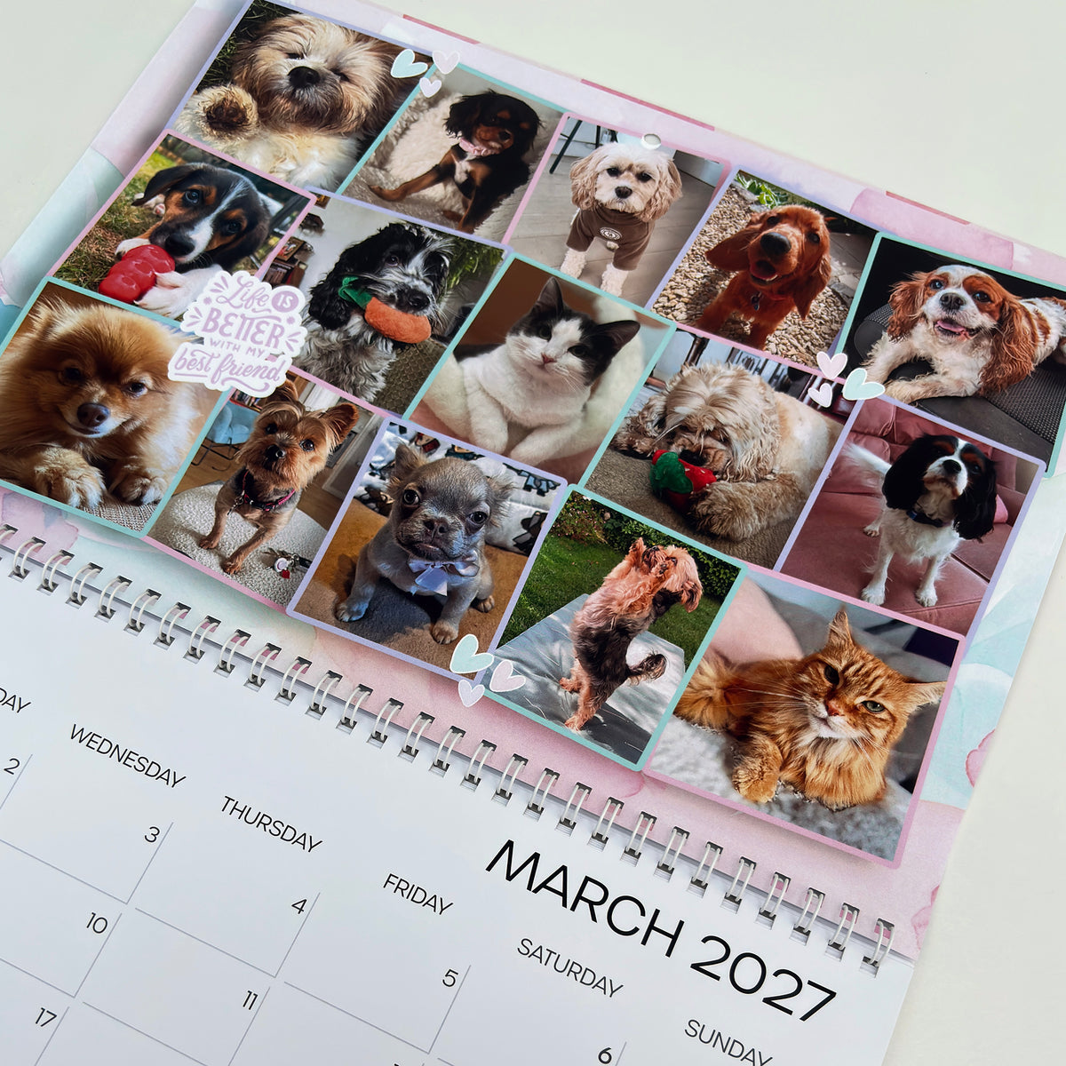 A spiral-bound monthly calendar page for March 2027, featuring a grid of 16 pet photos of various dogs and cats. A small decorative sticker reading is placed on one of the photos.